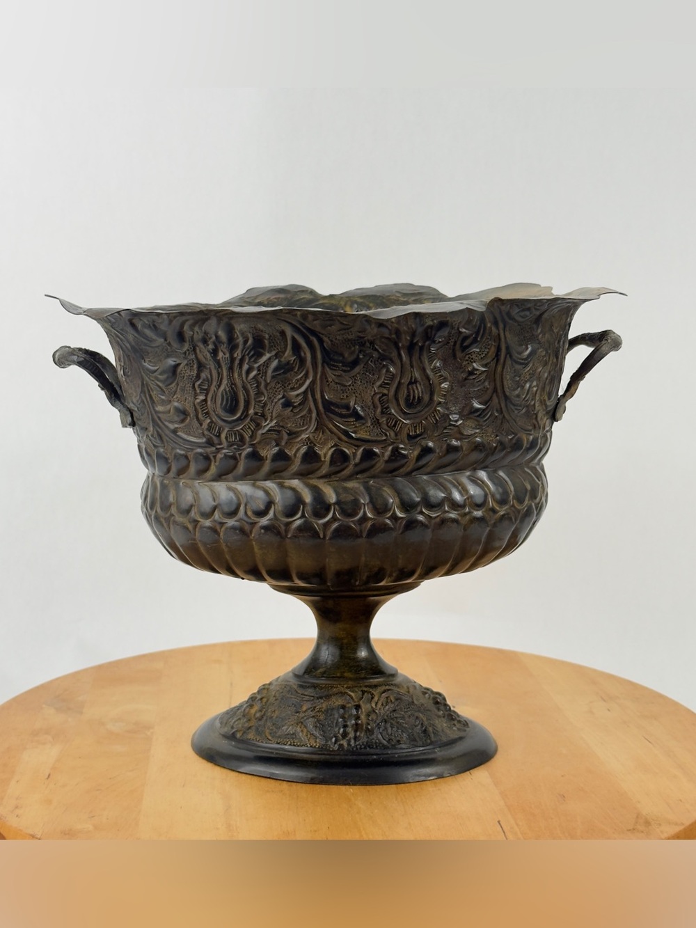 Vintage Victorian Revival Metal Pedestal Urn, Ornate Cachepot Planter Jardiniere
